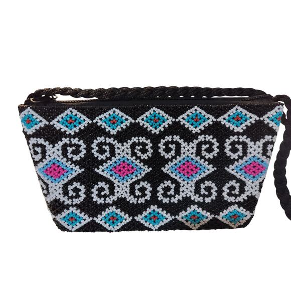 3744)Borneo Tribal Pattern full Hand Beaded Multicolor ShoulderCrossbody Purse